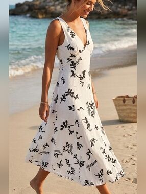 Paper Heart Linen Blend Maxi Dress Sz M White Black Abstract Floral V-Neck Boho